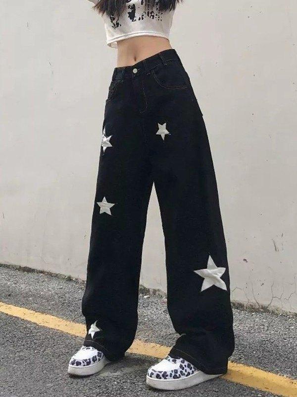 Black Wash Embroidered Star Boyfriend Jeans Product Image