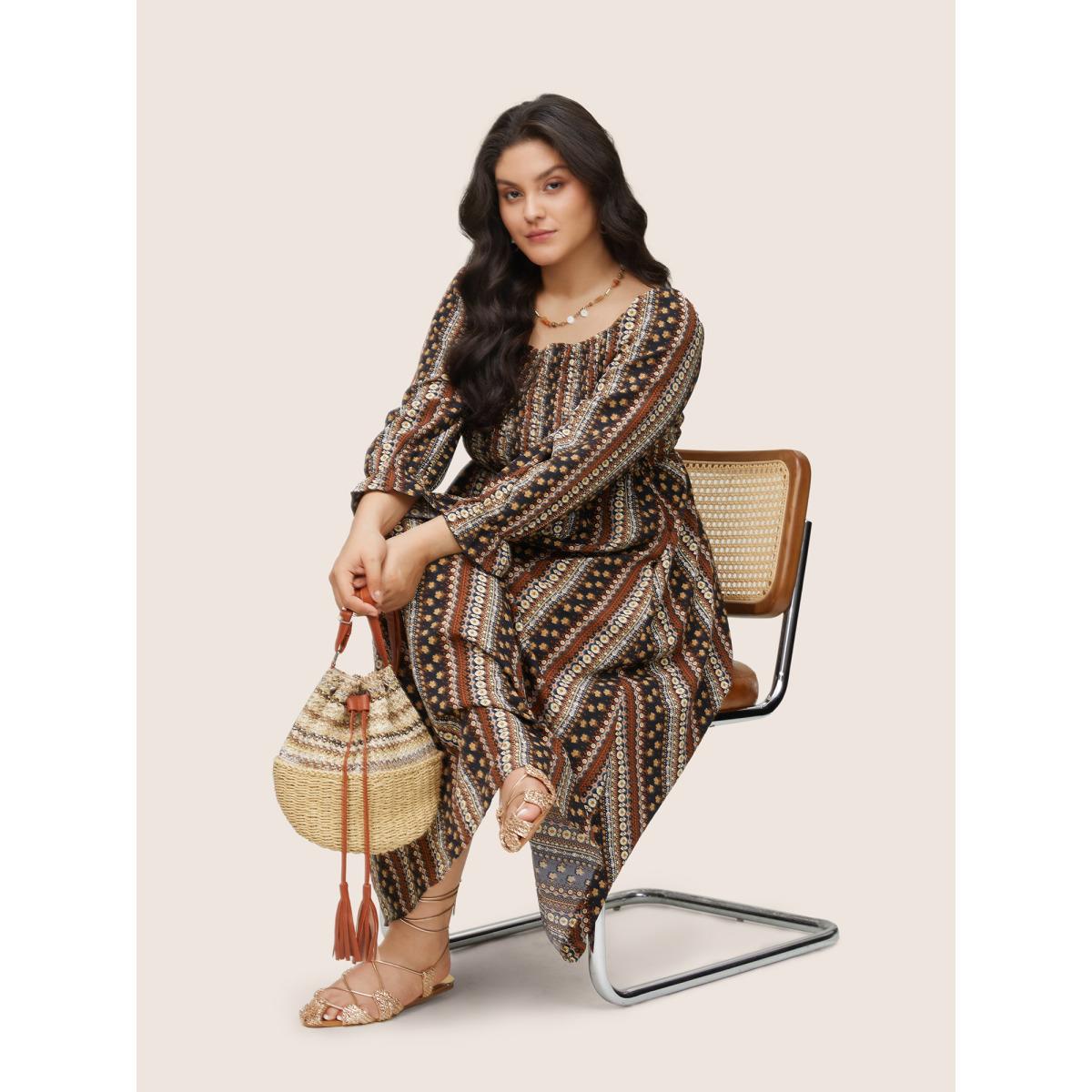 Plus Size Bandana Print Square Neck Shirred Gathered Dress Multicolor Women Vacation Gathered Square Neck Long Sleeve Curvy Midi Dress BloomChic 22-24/3X Product Image