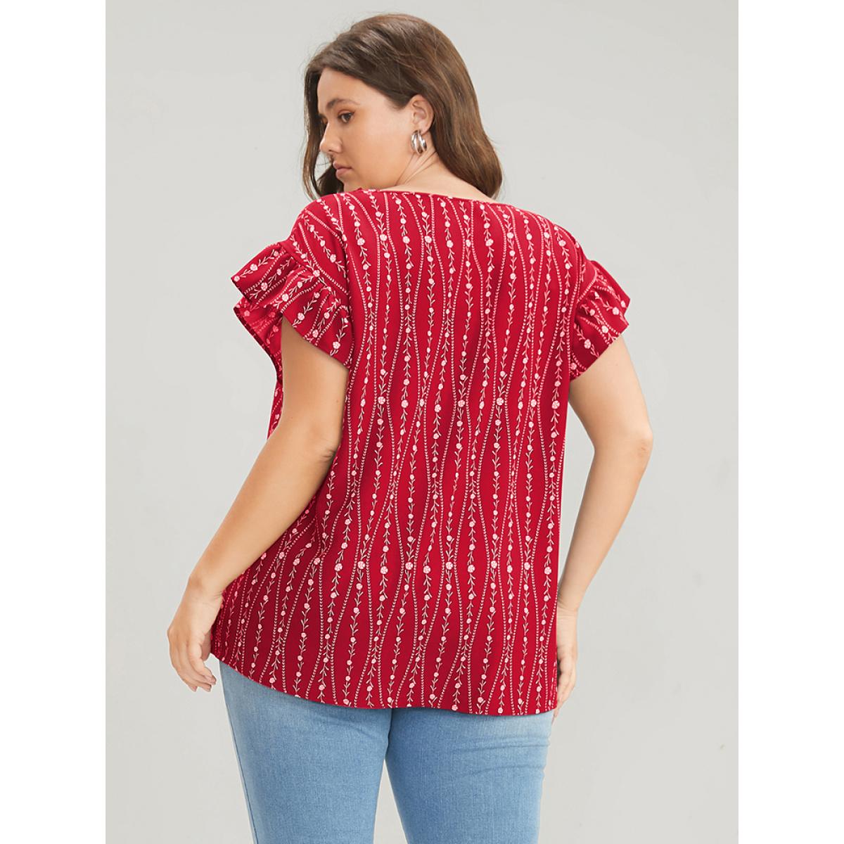 Plus Size Scarlet Floral Contrast Lace Ruffle Trim Blouse Women Elegant Short sleeve V-neck Dailywear Blouses BloomChic 10/M Product Image