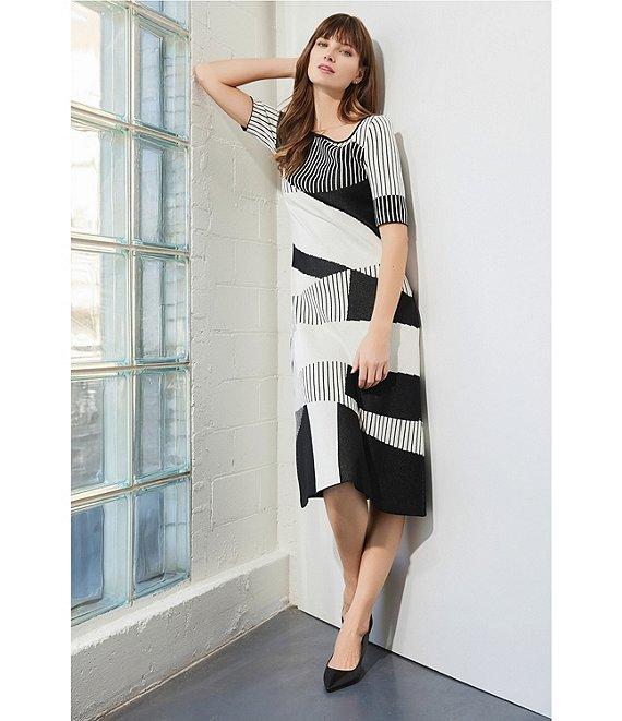 Ming Wang Soft Knit Jacquard Pattern Scoop Neck Short Sleeve Midi Dress Product Image