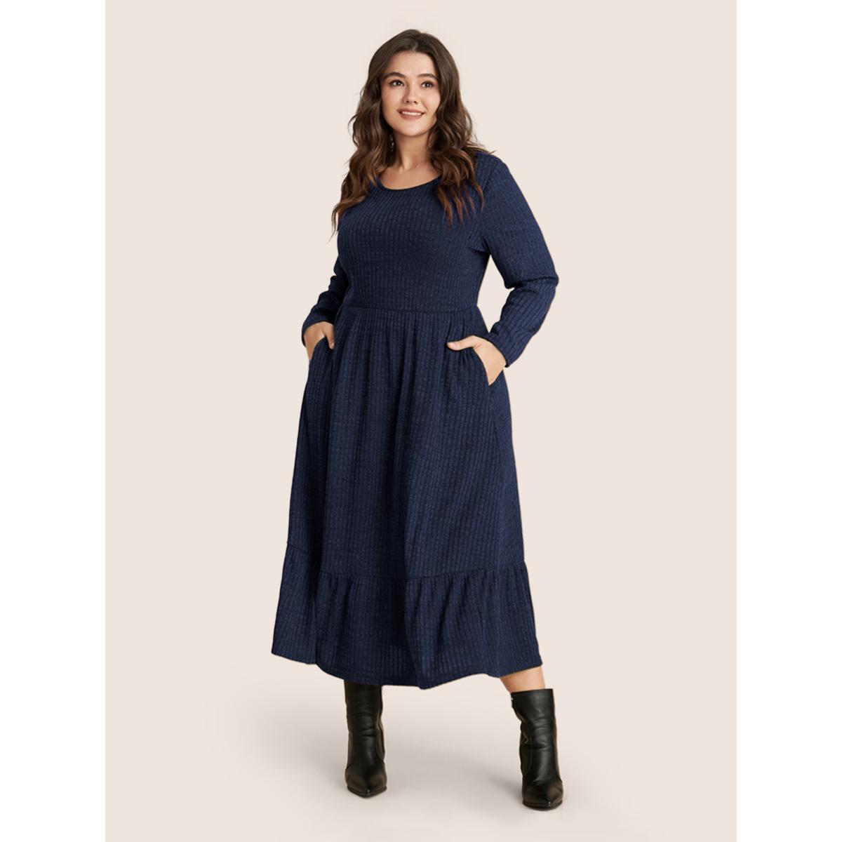 Plus Size Solid Pocket Rib Knit Ruffle Hem Dress Without Belt DarkBlue Women Basics Non Round Neck Long Sleeve Curvy Midi Dress BloomChic 12/L Product Image