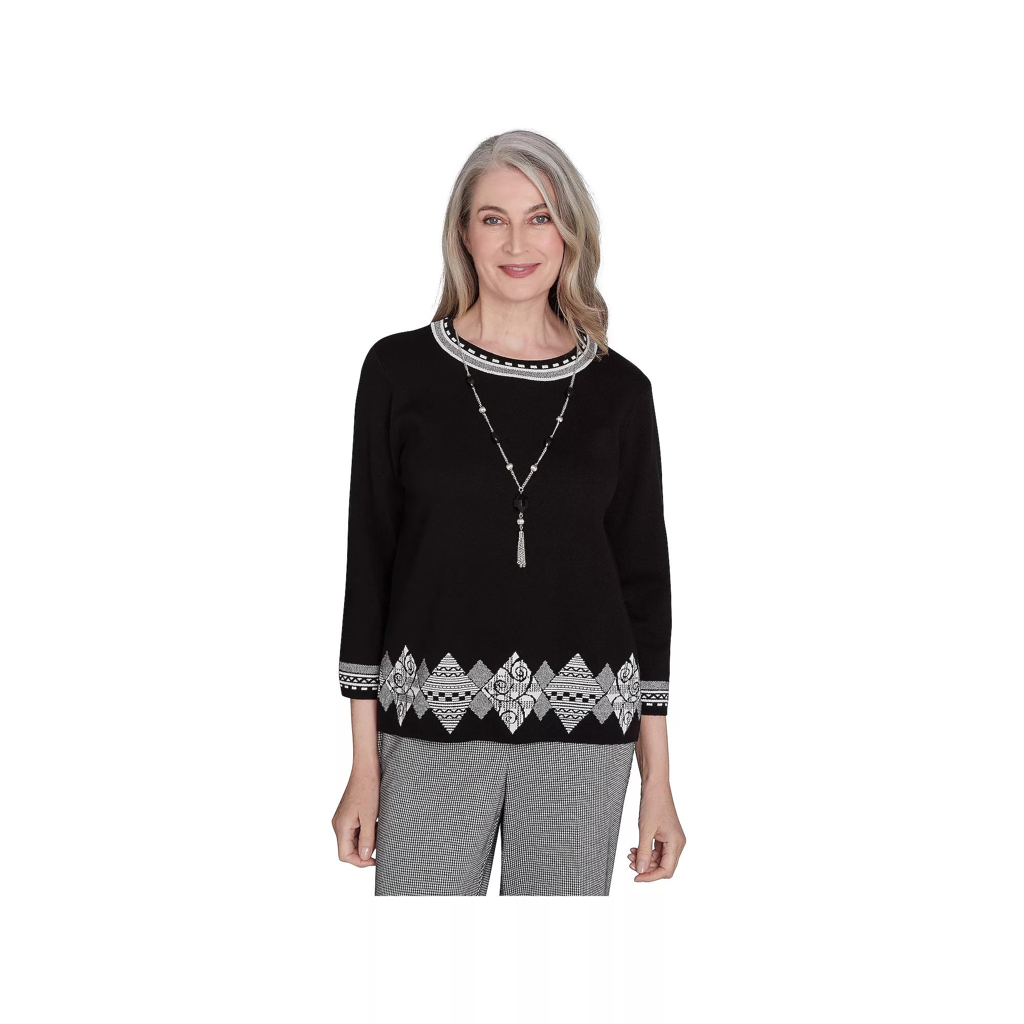 Women's Alfred Dunner Diamond Border Crewneck Sweater with Necklace, Size: Medium, Black Product Image