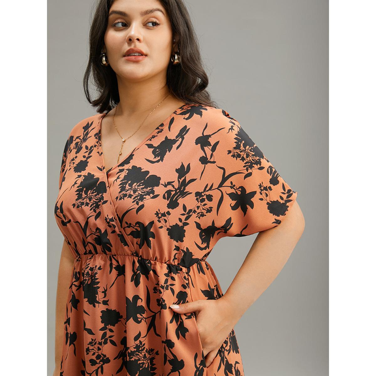 Plus Size Silhouette Floral Print Surplice Neck Elastic Waist Dress Chocolate Women Elegant Wrap V-neck Short sleeve Curvy Midi Dress BloomChic 10/M Product Image