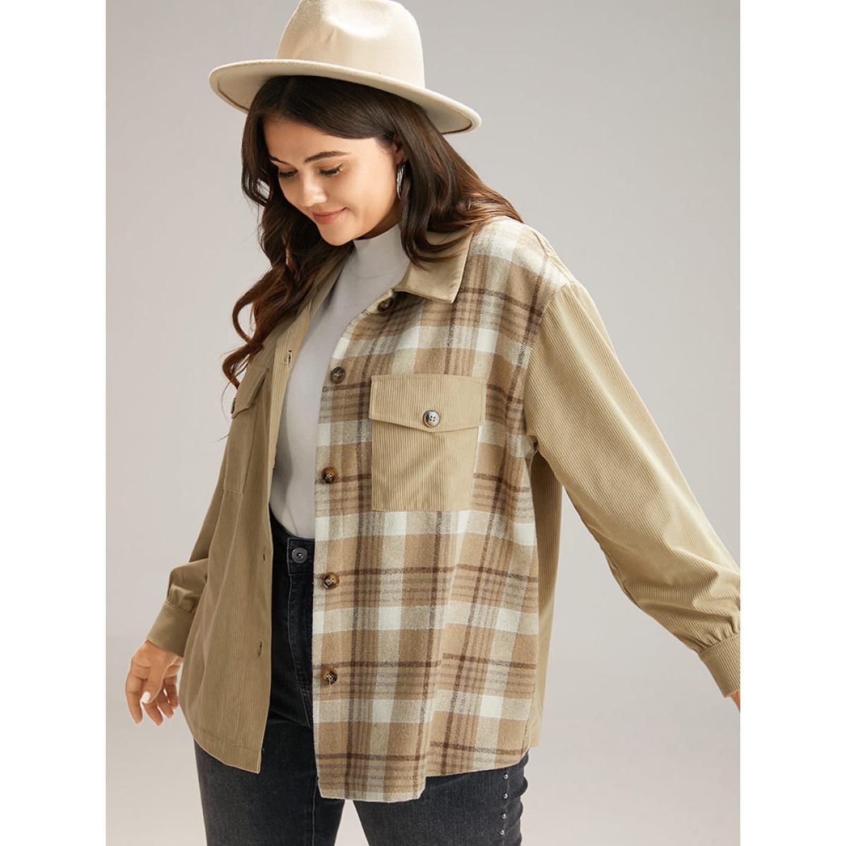 Plus Size Corduroy Plaid Patchwork Pocket Jacket Women Champagne Contrast Pocket Dailywear Jackets BloomChic 28/5X Product Image