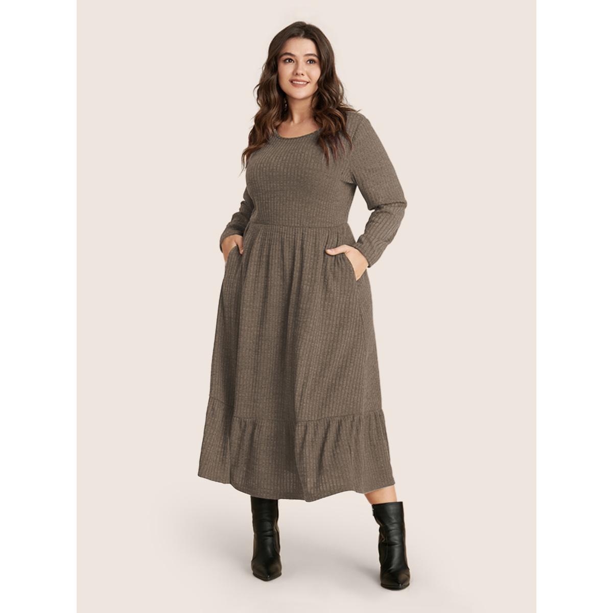 Plus Size Solid Pocket Rib Knit Ruffle Hem Dress Without Belt Bronze Women Basics Non Round Neck Long Sleeve Curvy Midi Dress BloomChic 14-16/1X Product Image