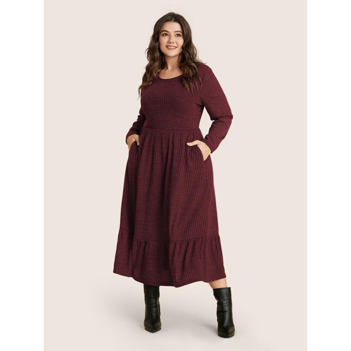 Plus Size Solid Pocket Rib Knit Ruffle Hem Dress Without Belt Aegean Women Leisure Non Round Neck Long Sleeve Curvy Midi Dress BloomChic 12/L Product Image