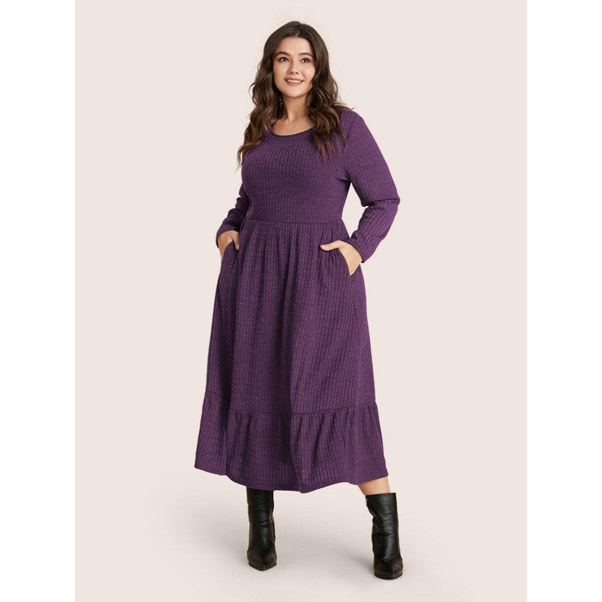 Plus Size Solid Pocket Rib Knit Ruffle Hem Dress Without Belt Aegean Women Leisure Non Round Neck Long Sleeve Curvy Midi Dress BloomChic 12/L Product Image
