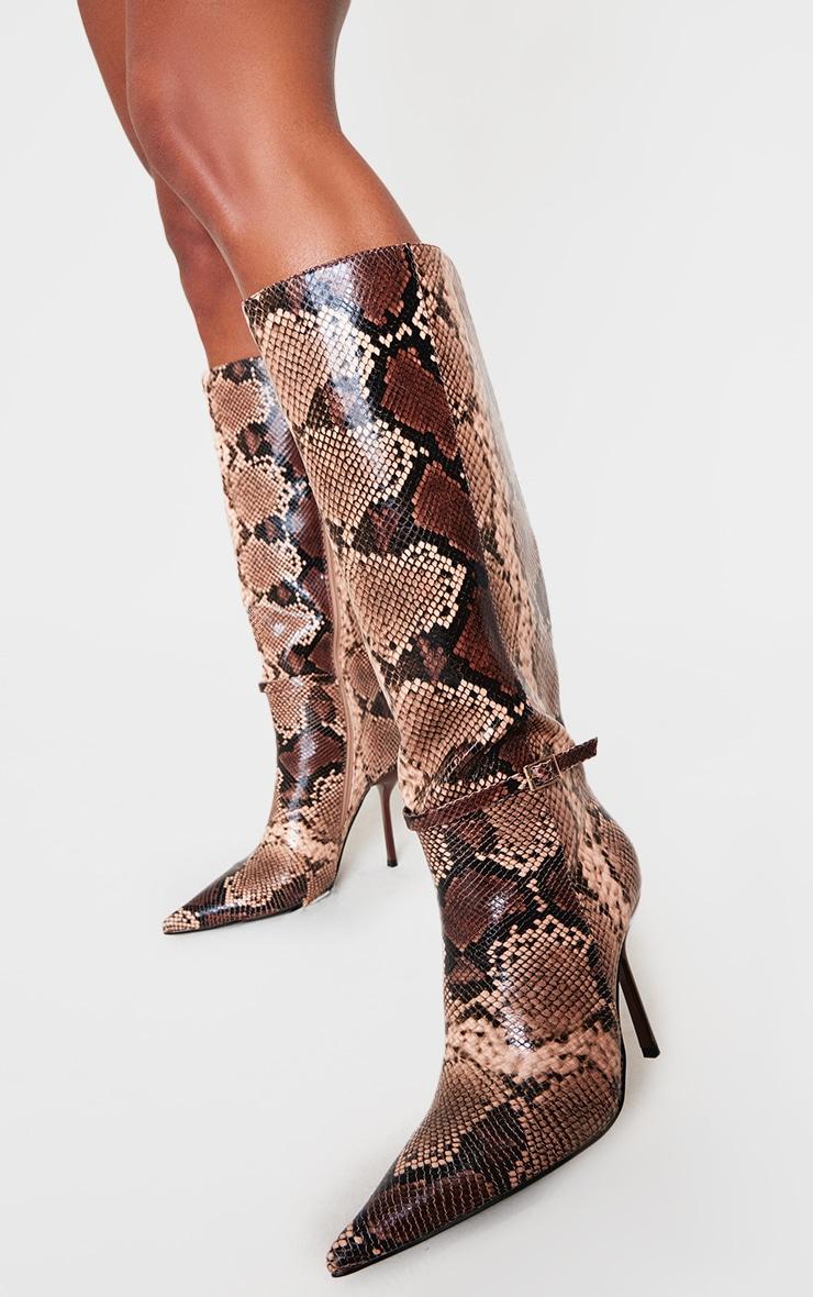Snake PU Point Toe Knee High Stiletto Heeled Boots Product Image