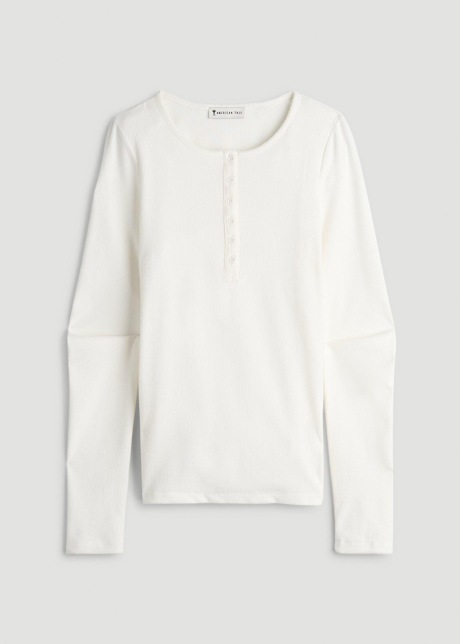 Long Sleeve Ribbed Crewneck Henley Shirt for Tall Women in Cream Female Product Image