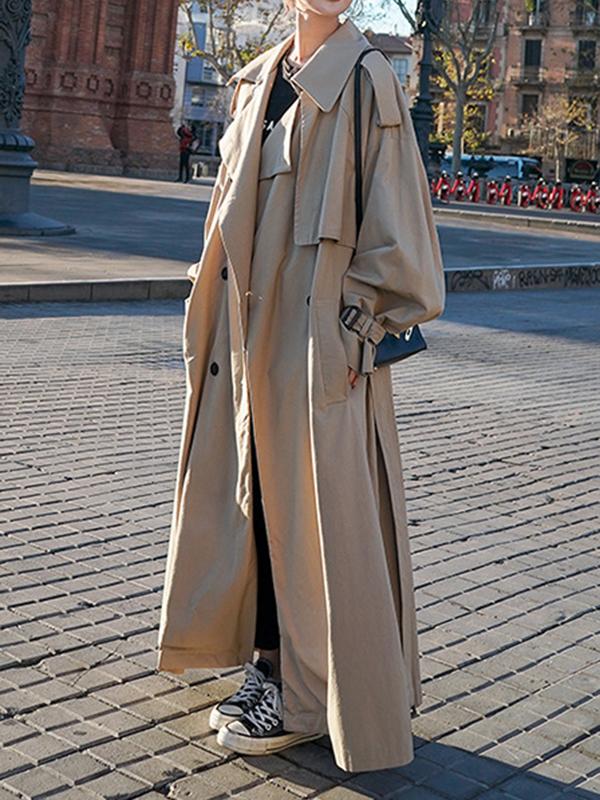 Long Sleeves Loose Buckle Buttoned Split-Back Tied Waist Lapel Outerwear Trench Coats Product Image