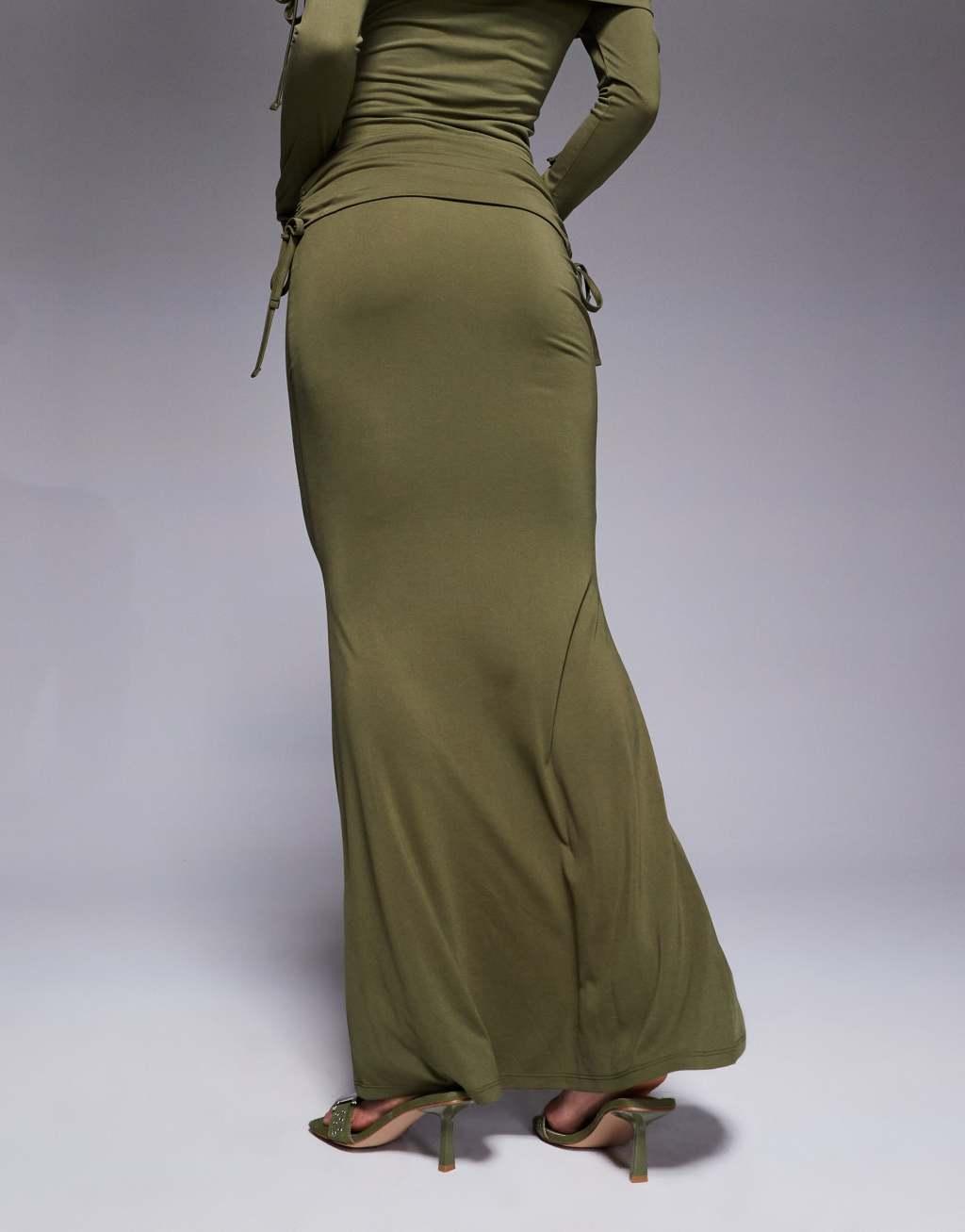 ASOS DESIGN premium modal fold over waist fishtail maxi skirt with side ruching in olive Product Image