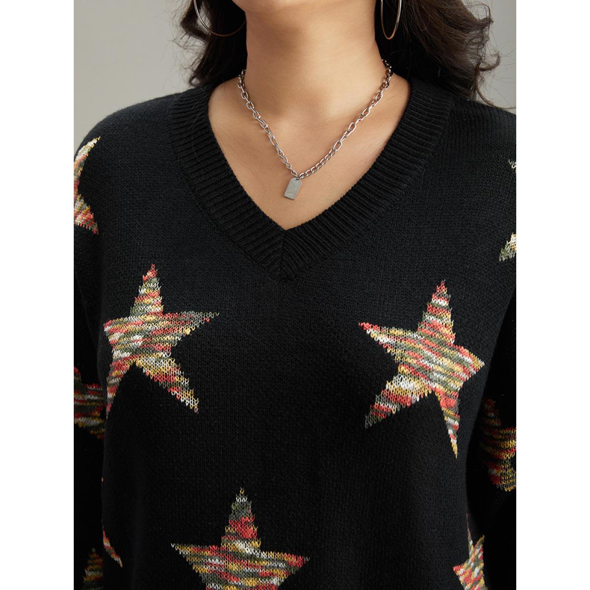 Plus Size Star Heather Elastic Cuffs Pullover Black Women Casual Loose Long Sleeve V-neck Dailywear Pullovers BloomChic 22-24/3X Product Image