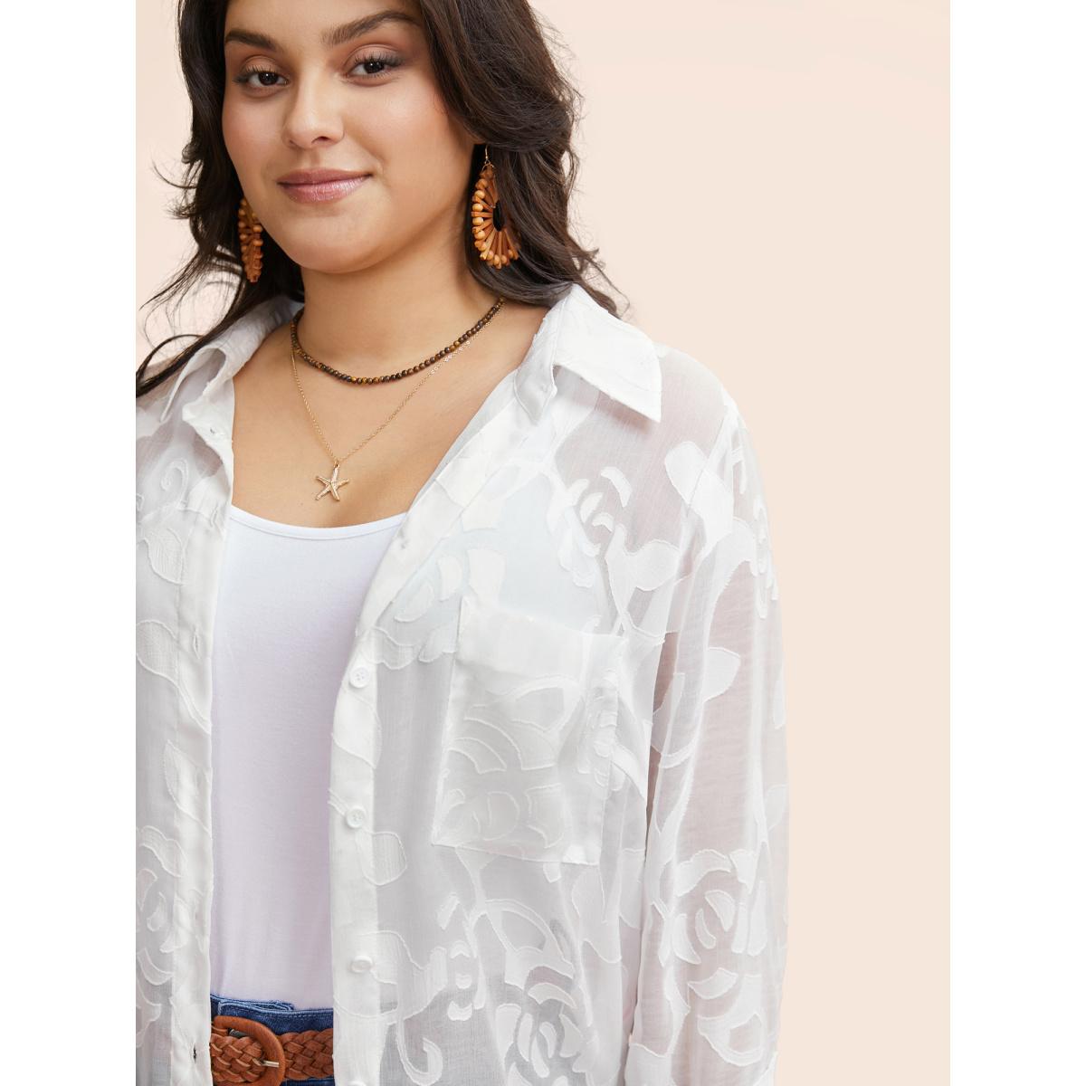 Plus Size Originalwhite Shirt Collar Floral Mesh Blouse Women Resort Extra Long Sleeve Shirt collar Vacation Blouses BloomChic 14-16/1X Product Image