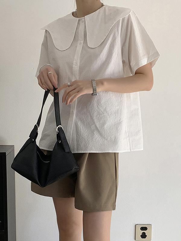 Loose Short Sleeves Solid Color Split-Joint Peter Pan Collar Blouses&Shirts Tops Product Image