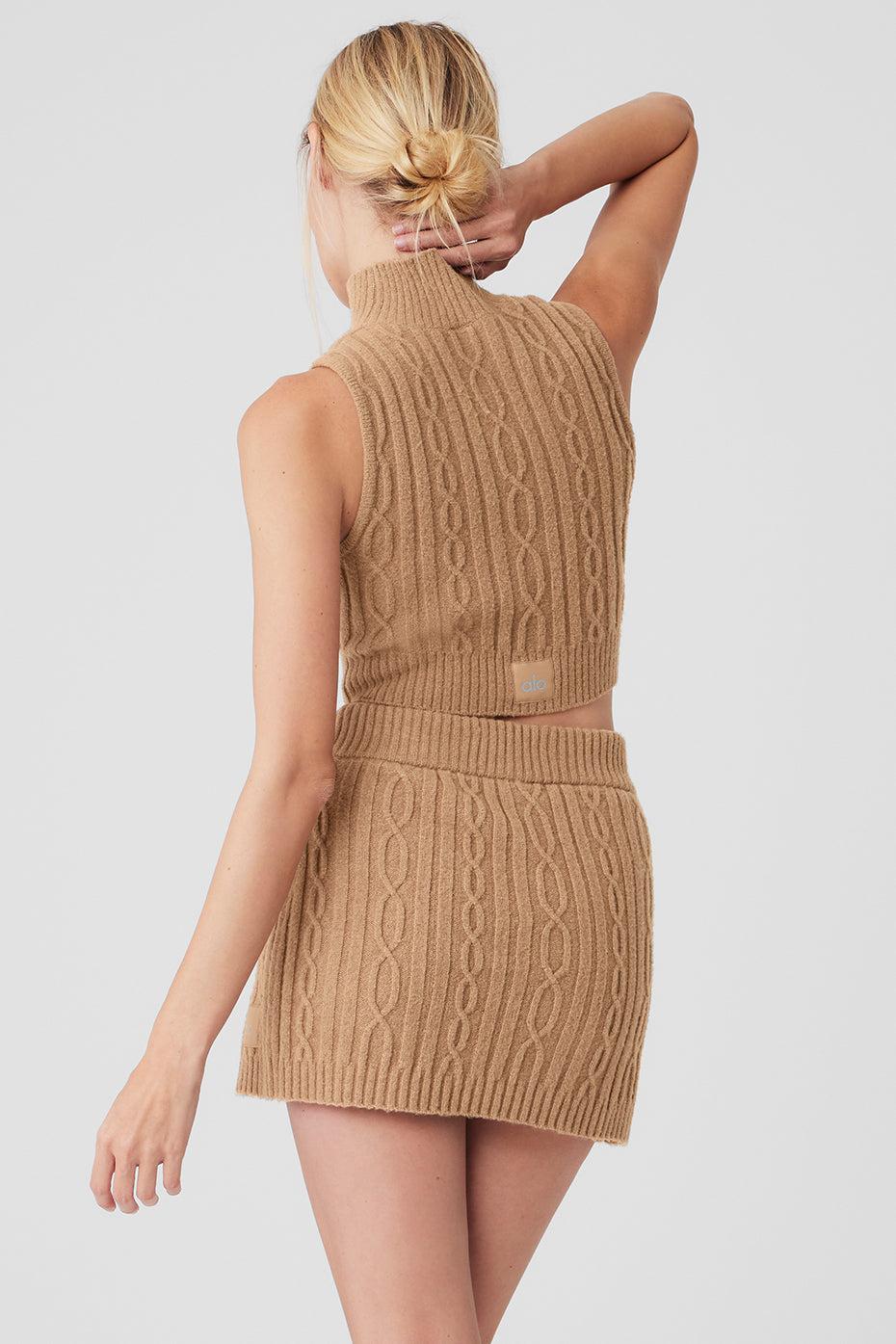 Cable Knit Winter Bliss Mock Neck Tank - Toasted Almond Product Image