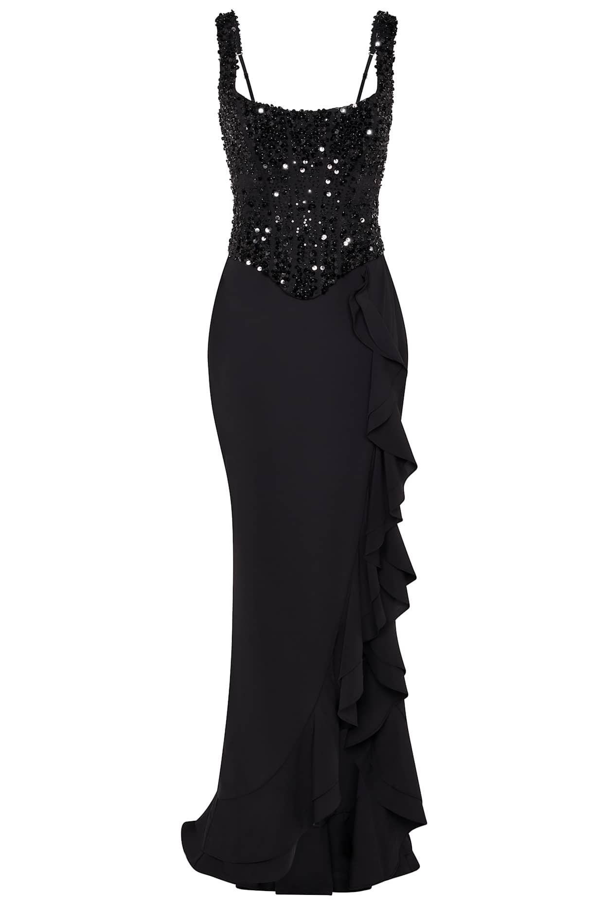 Embellished Ruffle-Trim Corset Gown in Black Product Image
