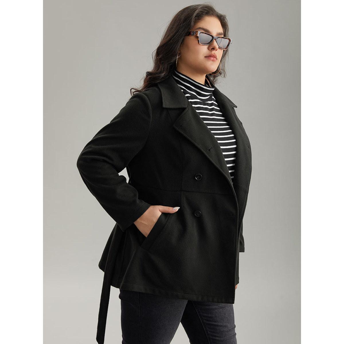 Plus Size Plain Belted Double Breasted Pocket Coat Women Black Casual Plain Ladies Dailywear Winter Coats BloomChic 26/4X Product Image