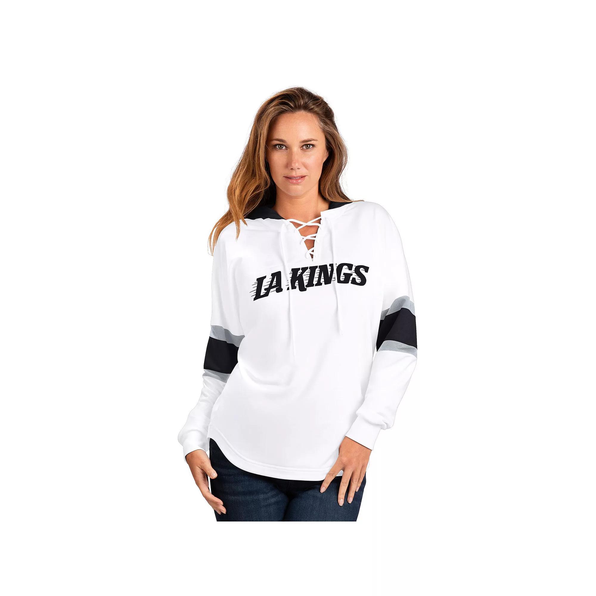 Women's G-III 4Her by Carl Banks White Los Angeles Kings Goal Zone Long Sleeve Lace-Up Hoodie T-Shirt,  Product Image