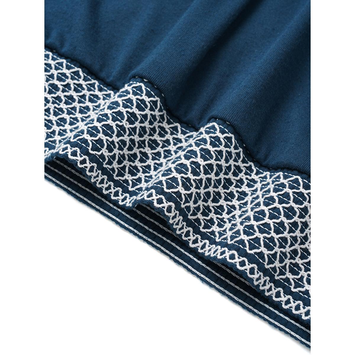 Plus Size Round Neck Shirred Contrast Raglan Sleeve T-shirt Indigo Women Elegant Contrast Plain Round Neck Dailywear T-shirts BloomChic 14-16/1X Product Image