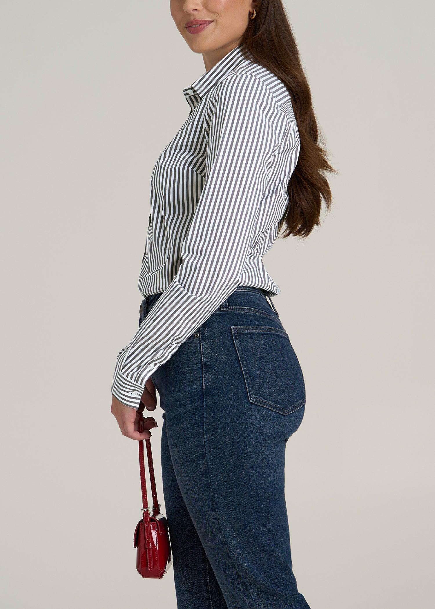 Slim Fit Button-Up Shirt for Tall Women in Grey and White Stripe Female Product Image