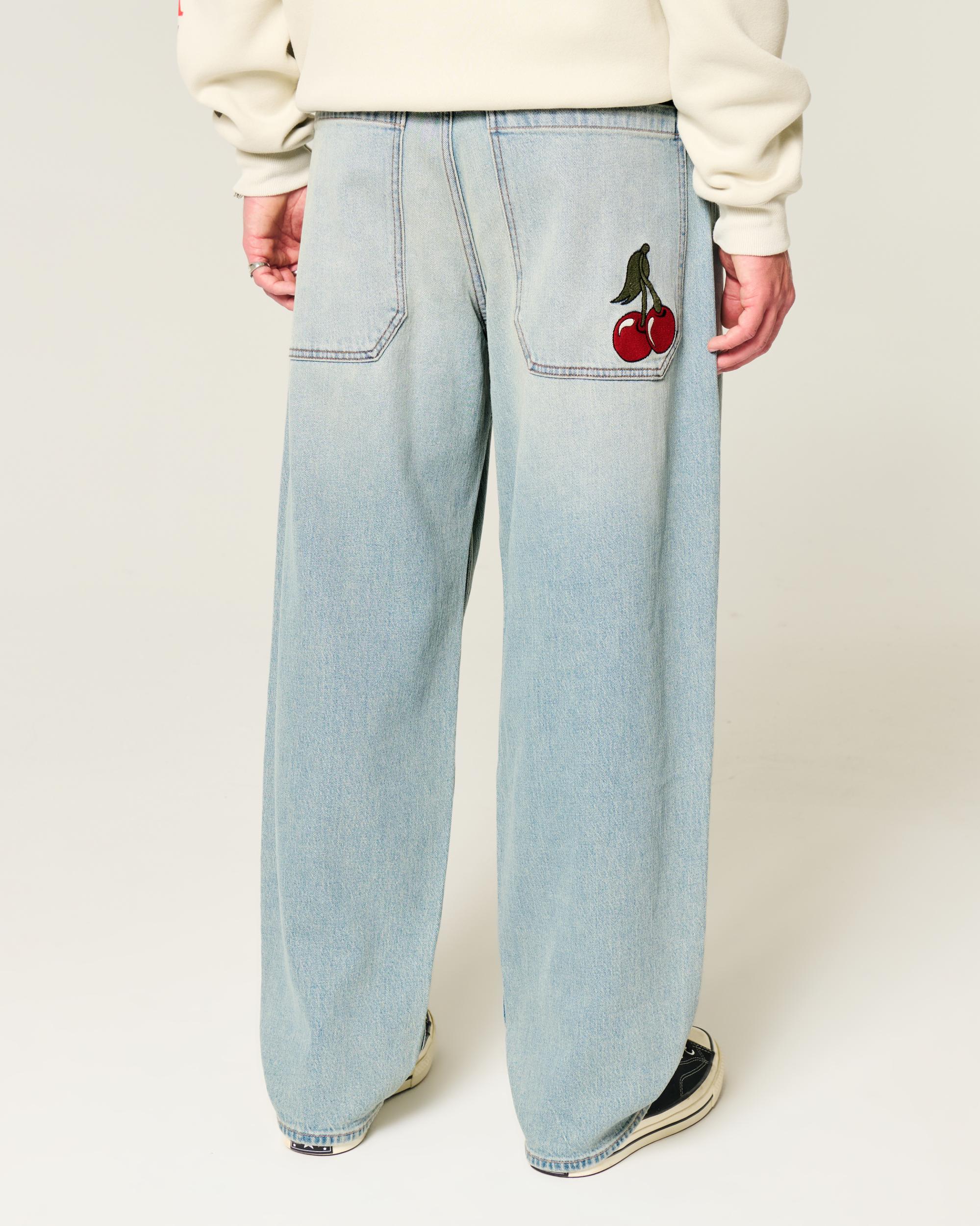 Light Wash Embroidered Skater Baggy Jeans Product Image