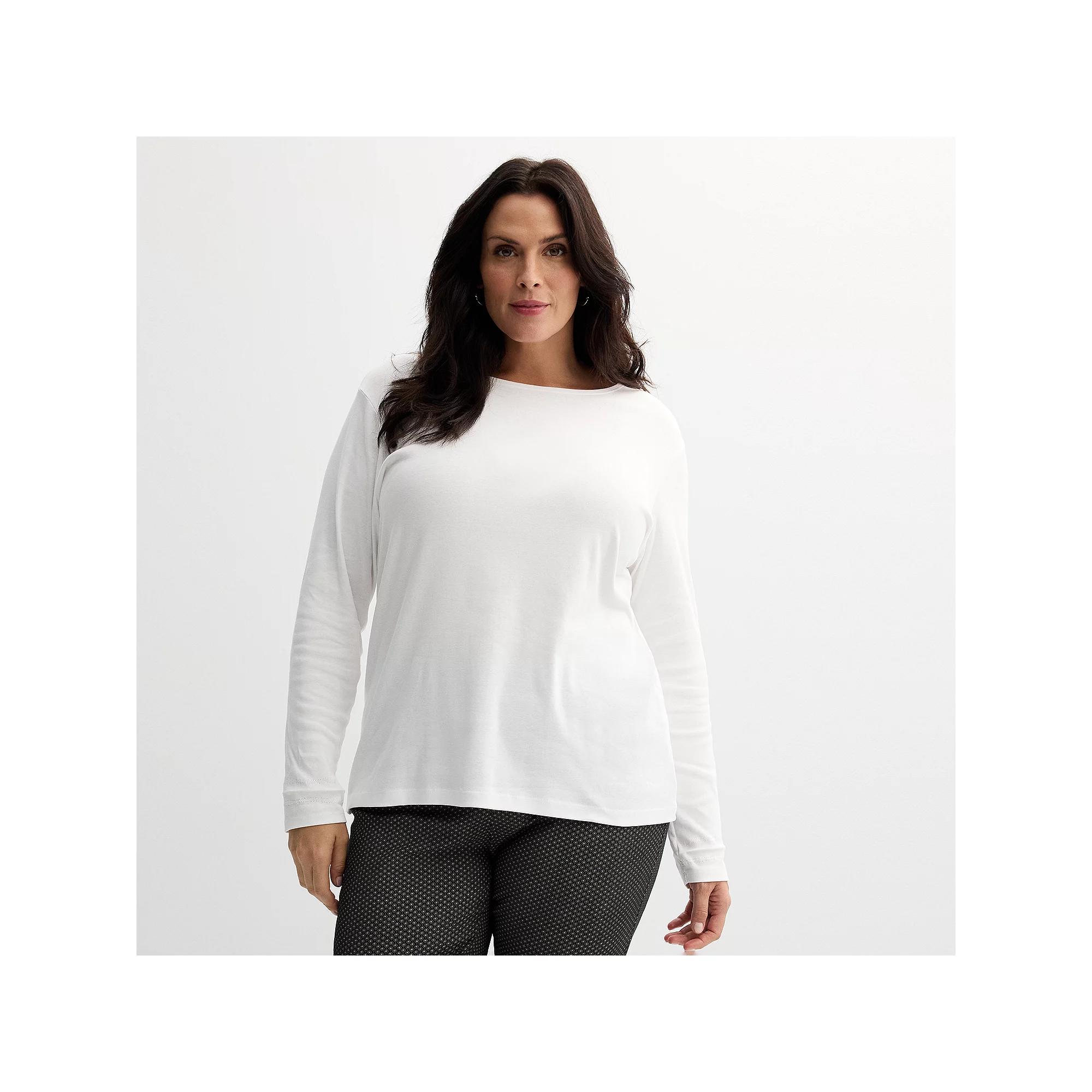 Plus Size Croft & Barrow® Essential Crewneck Long Sleeve Tee, Women's, Size: 0X, White Product Image