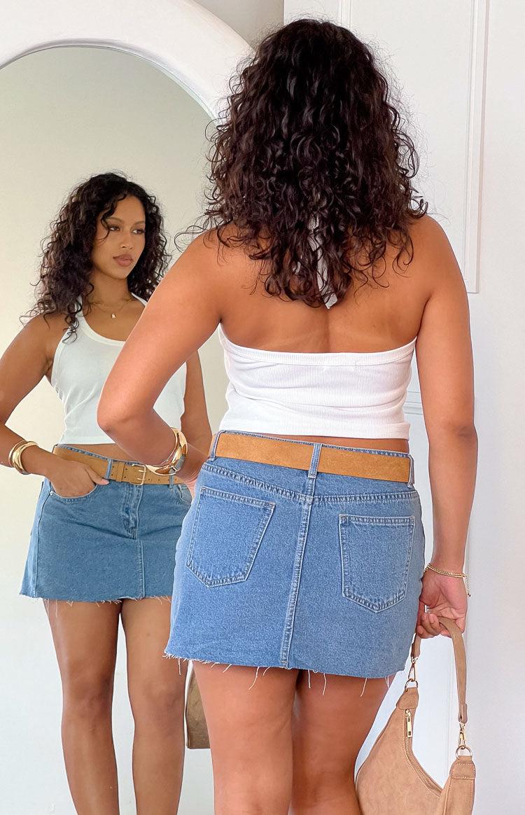 Siletto Mid Wash Denim Low Rise Mini Skirt Girls Product Image