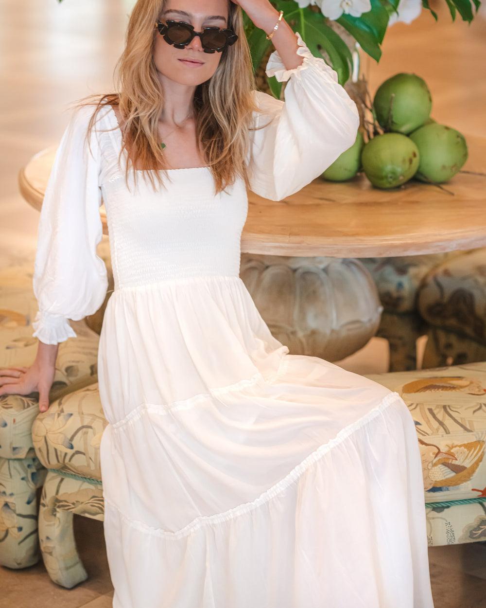 The Jetset - White Bamboo Smocked Maxi Dress Product Image