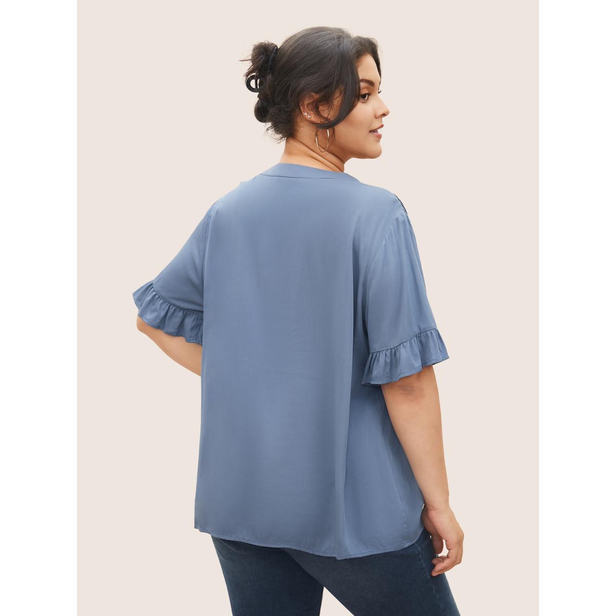 Plus Size Stone Rayon Solid Pleated Patchwork Ruffles Blouse Women Casual Half Sleeve Flat collar Everyday Blouses BloomChic 14-16/1X Product Image