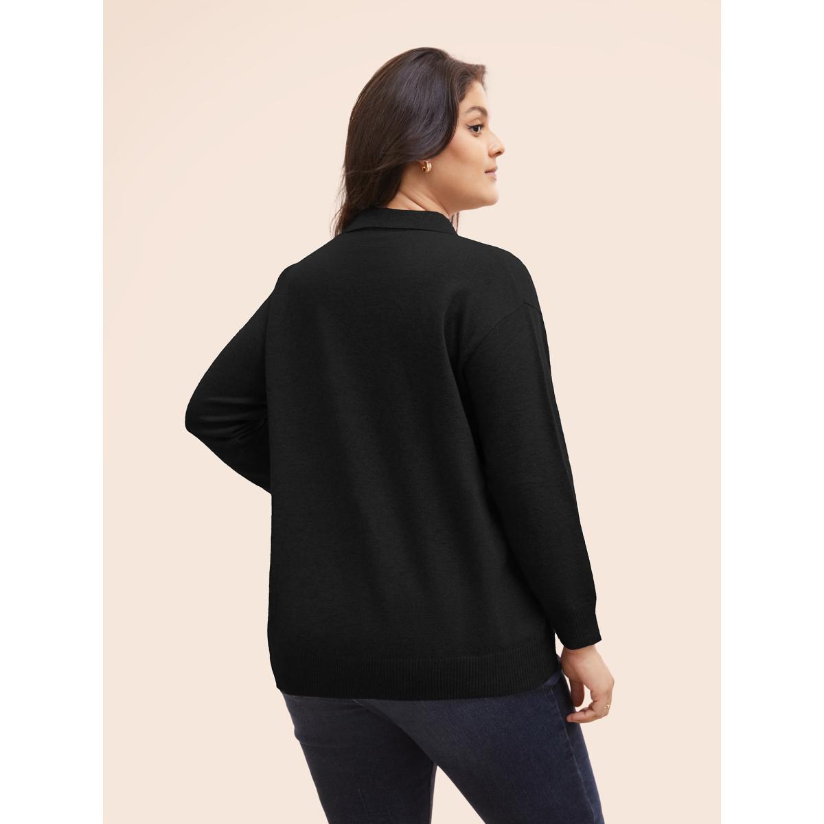 Plus Size Polo Neck Drop Shoulder Sleeve Soft Pullover Black Women Casual Long Sleeve Polo Everyday Pullovers BloomChic 26/4X Product Image