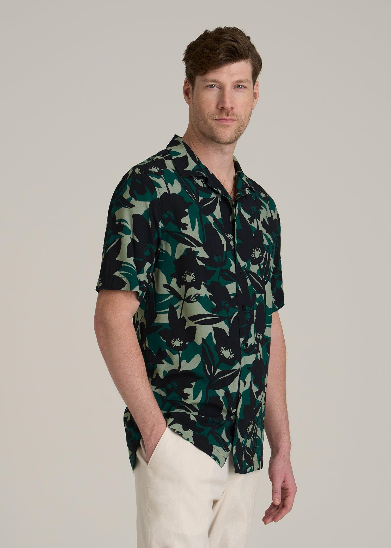 Short Sleeve Resort Shirt for Tall Men in Green and Black Floral Male Product Image