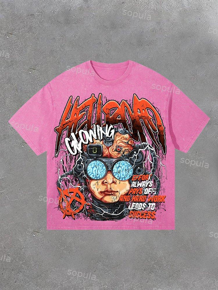 Hell Road Vintage Flame Portrait Print Acid Washed T-Shirt Product Image