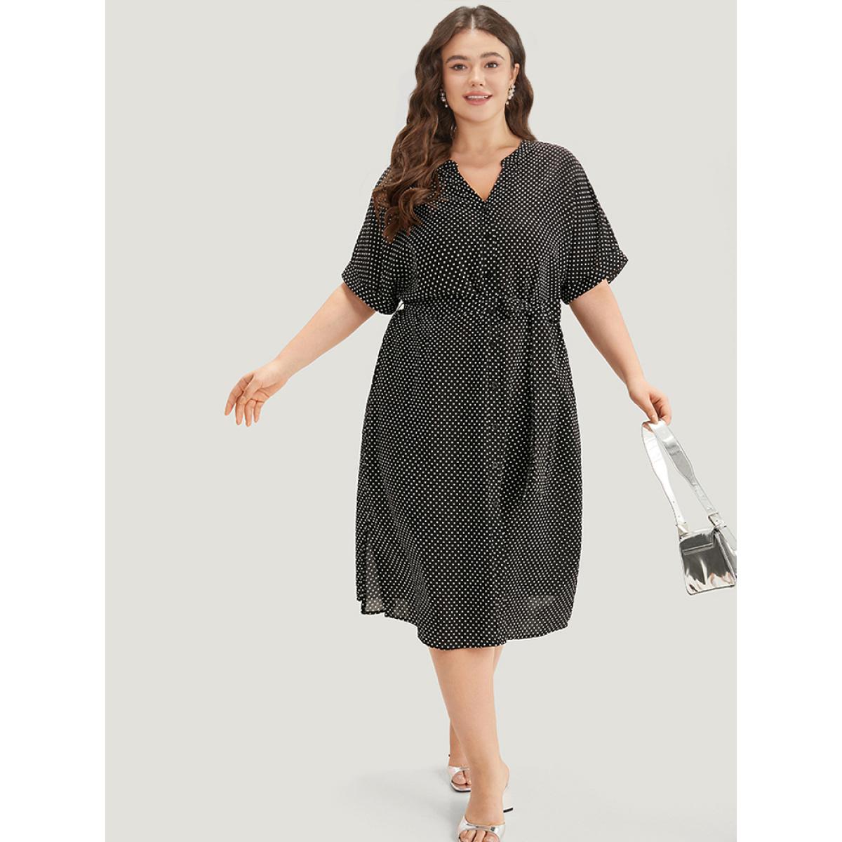 Plus Size Polka Dot Notched Split Hem Button Through Roll Sleeve Dress BlackFlower Women Office Belted Notched collar Short sleeve Curvy Midi Dress BloomChic 14-16/1X Product Image
