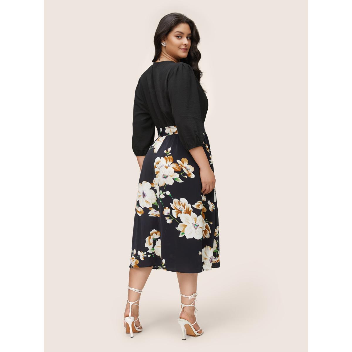 Plus Size Floral Patchwork Half Zip Belted Lantern Sleeve Dress BlackFlower Women Elegant Elastic cuffs V-neck Elbow-length sleeve Curvy Midi Dress BloomChic 18-20/2X Product Image