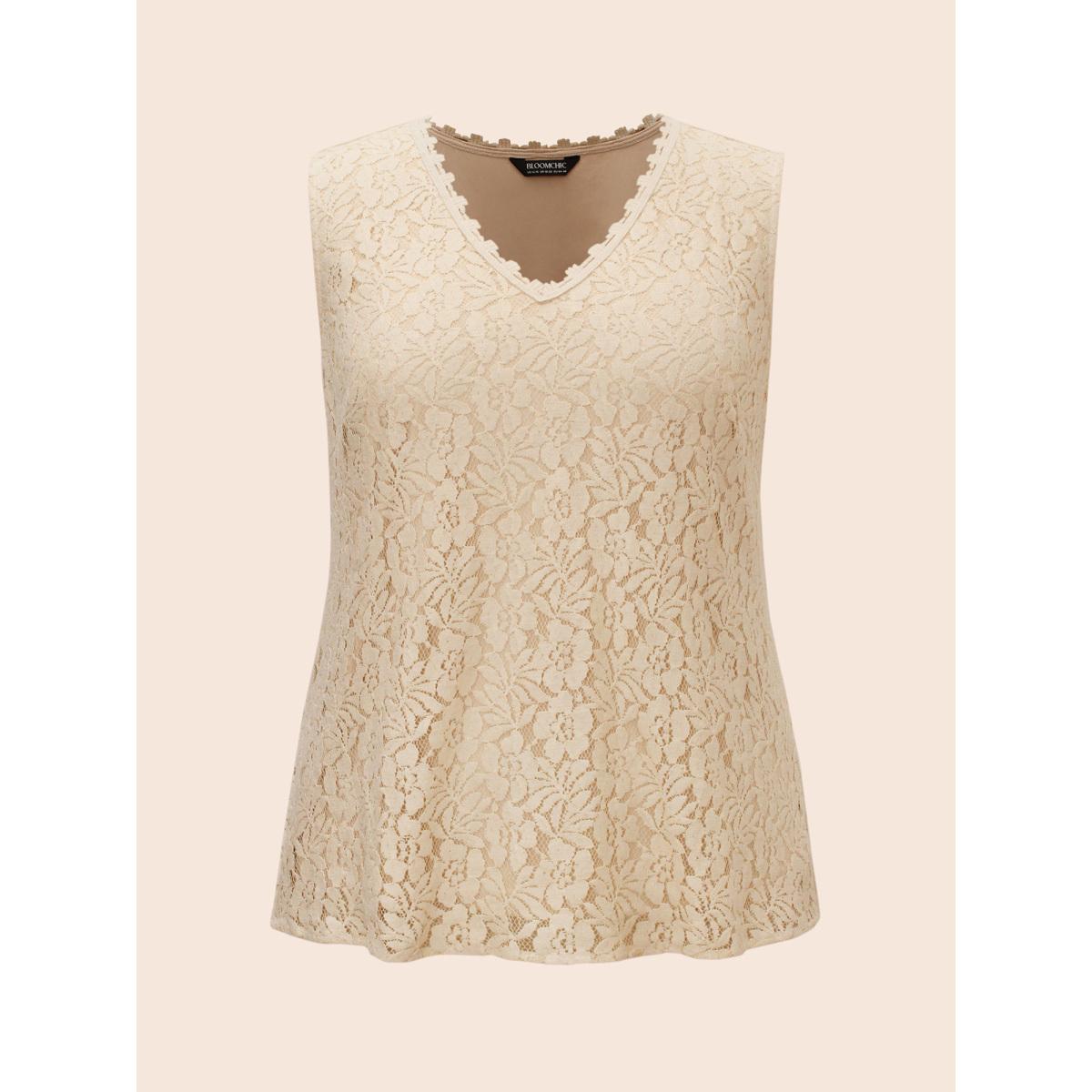 Plus Size V Neck Crochet Lace Mesh Tank Top Women LightBrown Elegant Woven ribbon&lace trim V-neck Everyday Tank Tops Camis BloomChic 22-24/3X Product Image