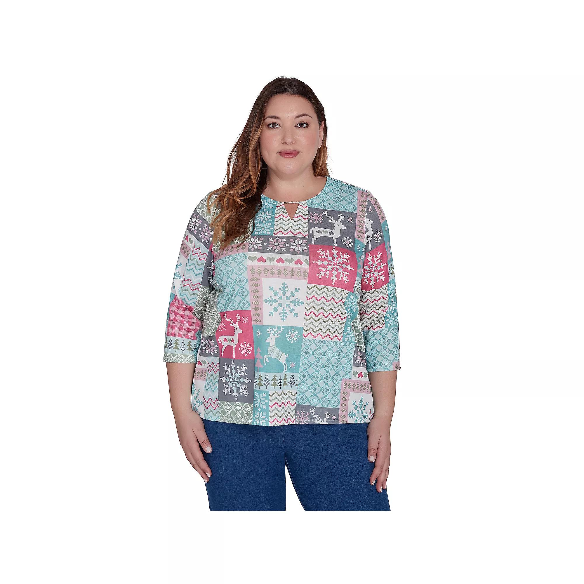 Plus Size Alfred Dunner Reindeer Patch Work Top, Women's, Size: 3XL, Multi Green Product Image