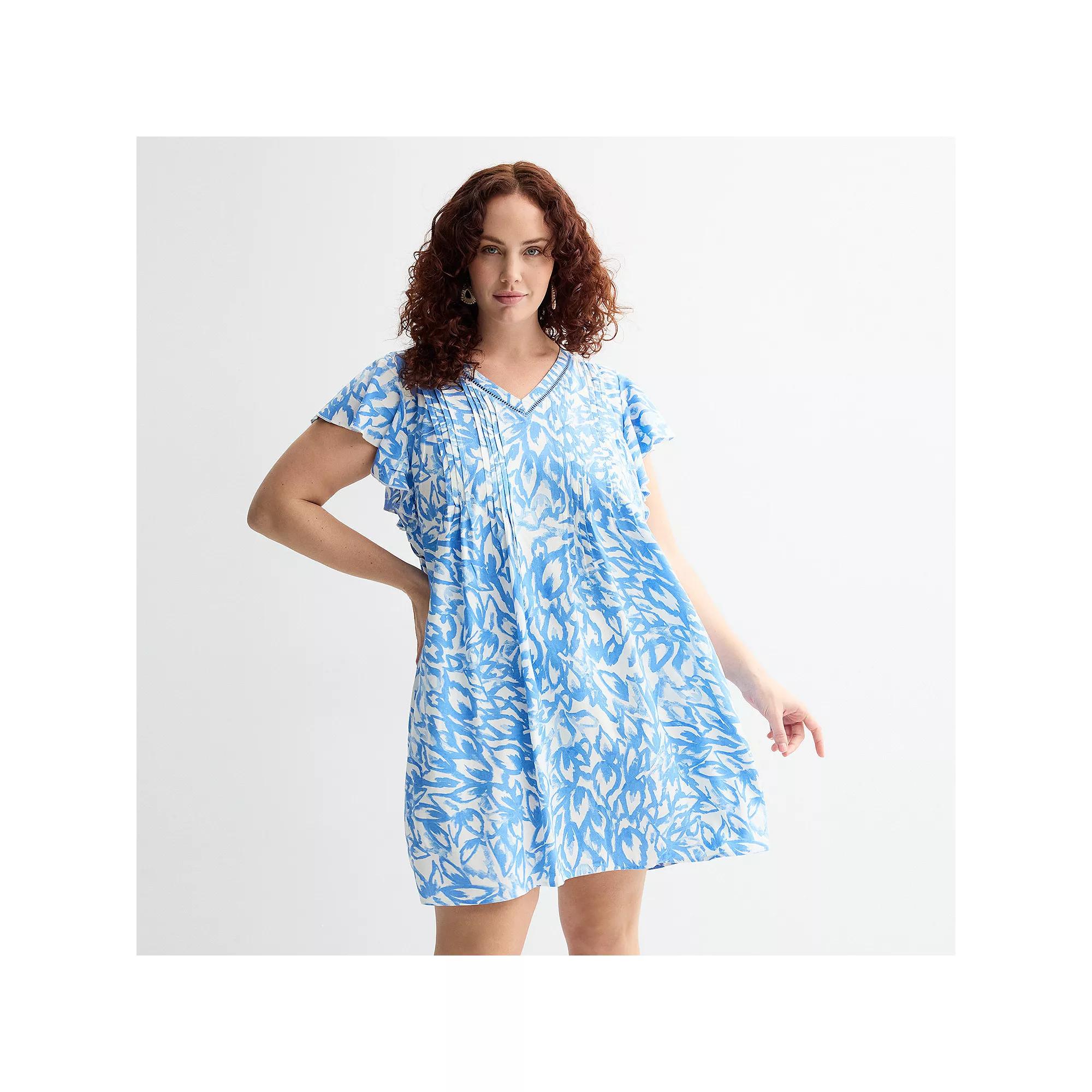 Plus Size Sonoma Goods For Life® Flutter Sleeve Pintuck Dress, Women's, Size: 4XL, White Blue Foliage Product Image