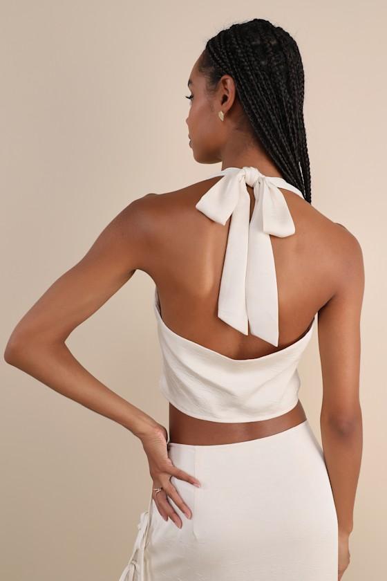 Marvelously Sleek Champagne Satin Crinkled Halter Crop Top Product Image
