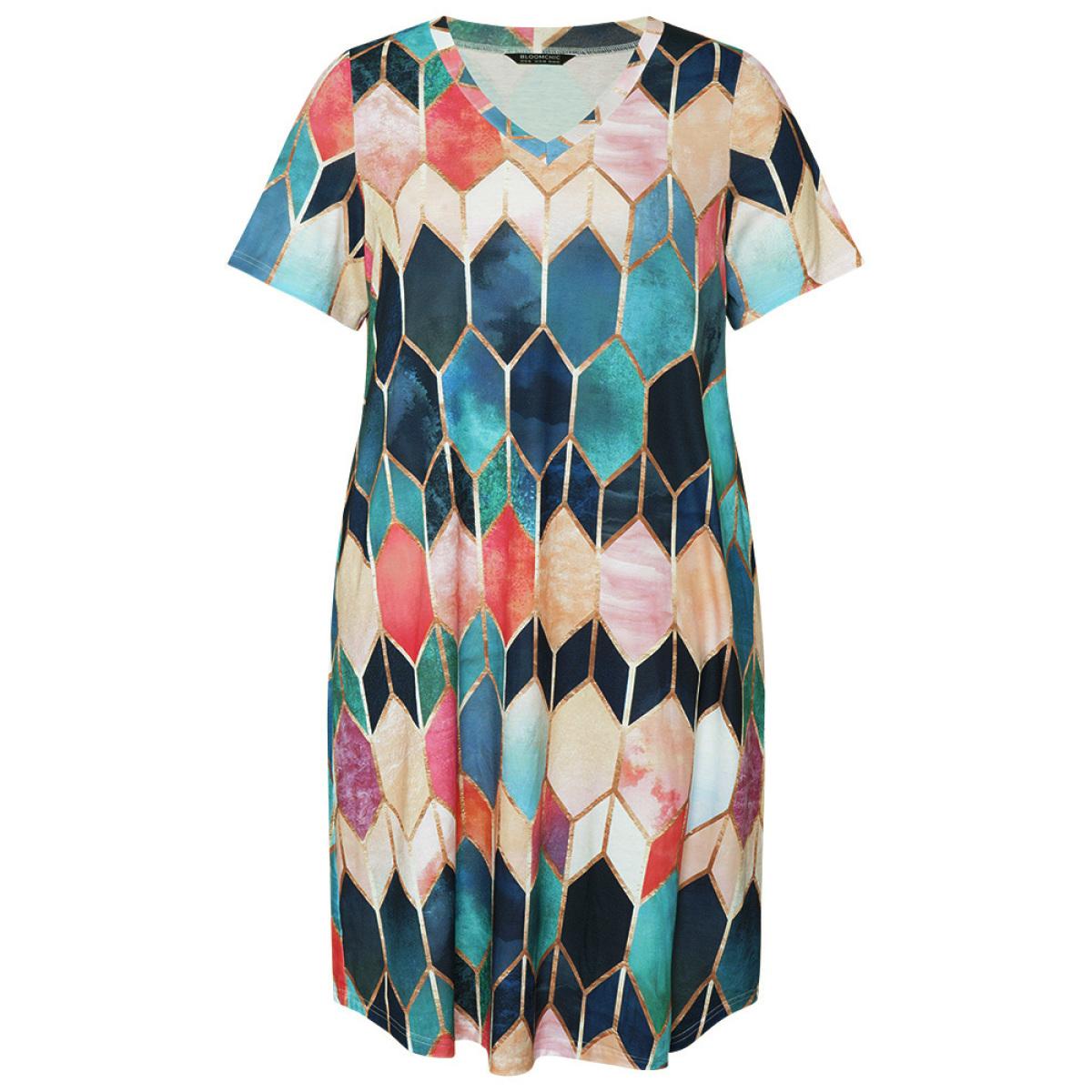 Plus Size Geometric Print Pocket Colorblock Contrast Dress Multicolor Women Casual Contrast V-neck Short sleeve Curvy Midi Dress BloomChic 26/4X Product Image