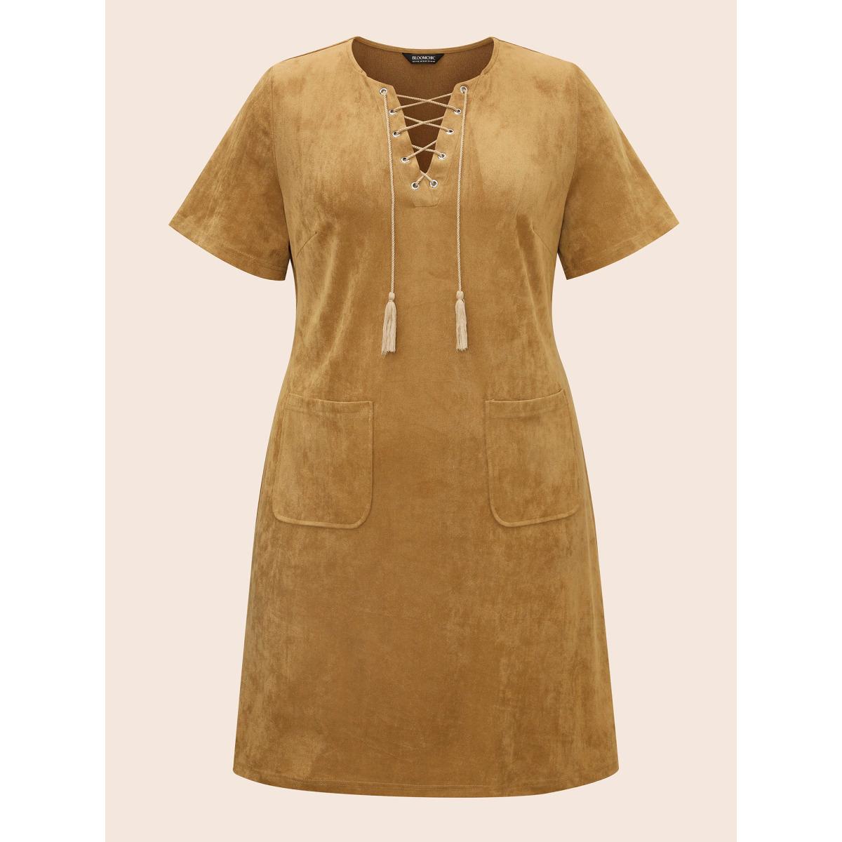 Plus Size Suede Stretchy Back-Waist Midi Dress Wheat Women Resort Eyelet Round Neck Short sleeve Curvy BloomChic 14-16/1X Product Image