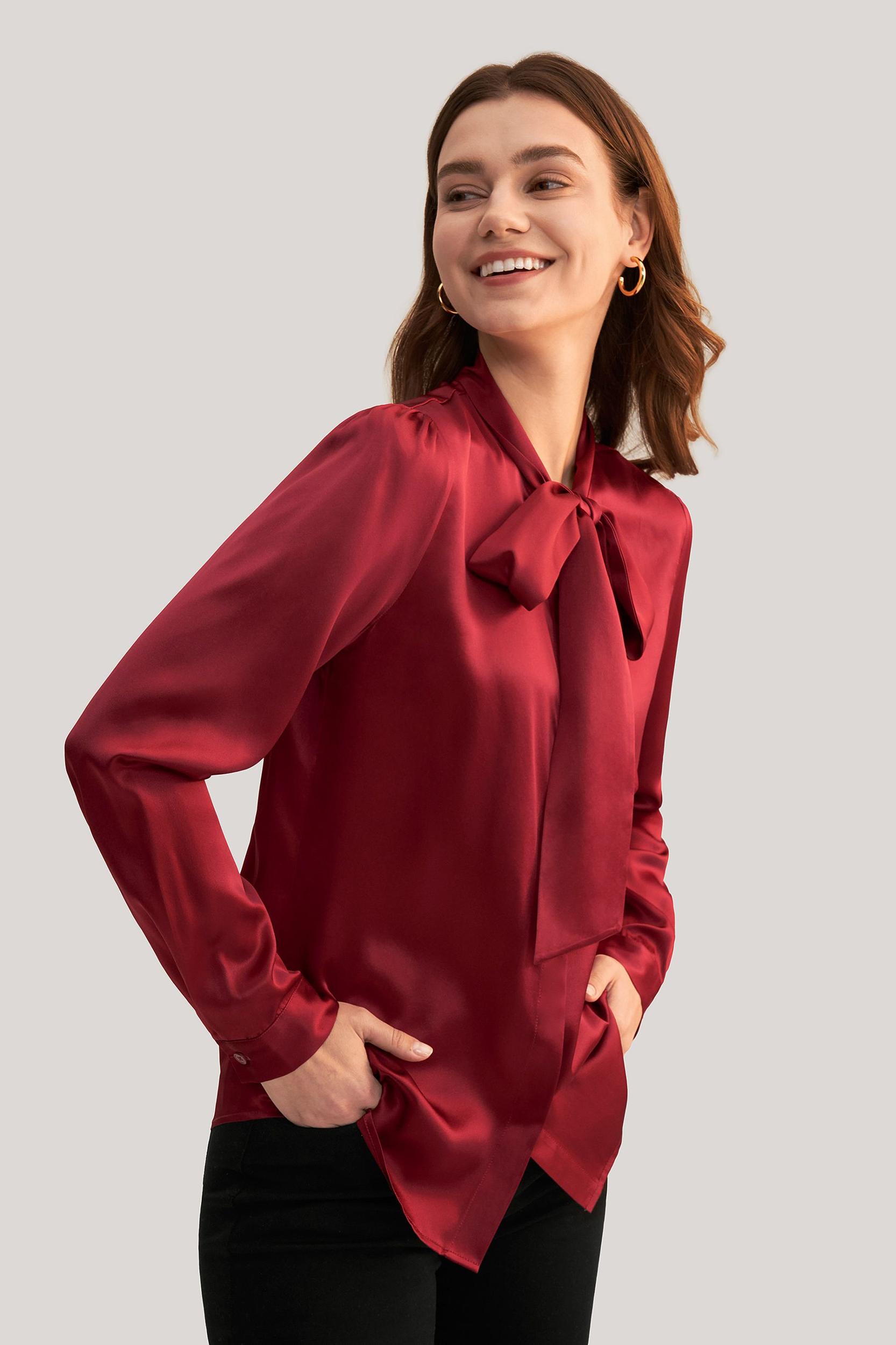 Women Bow-tie Neck Silk Blouse Product Image