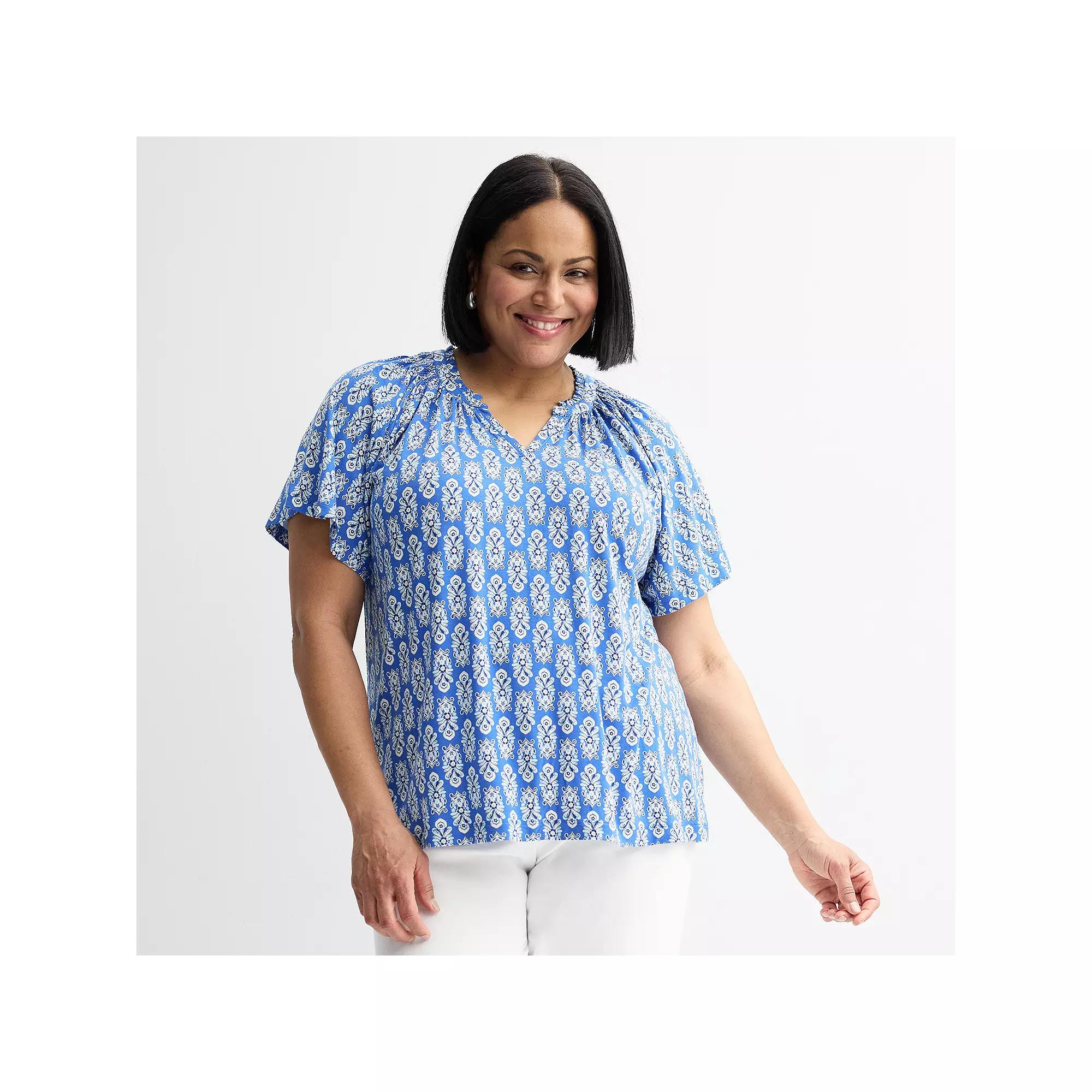 Plus Size Croft & Barrow® Smocked Raglan Top, Women's, Size: 0X, Blue Soft Tile Product Image