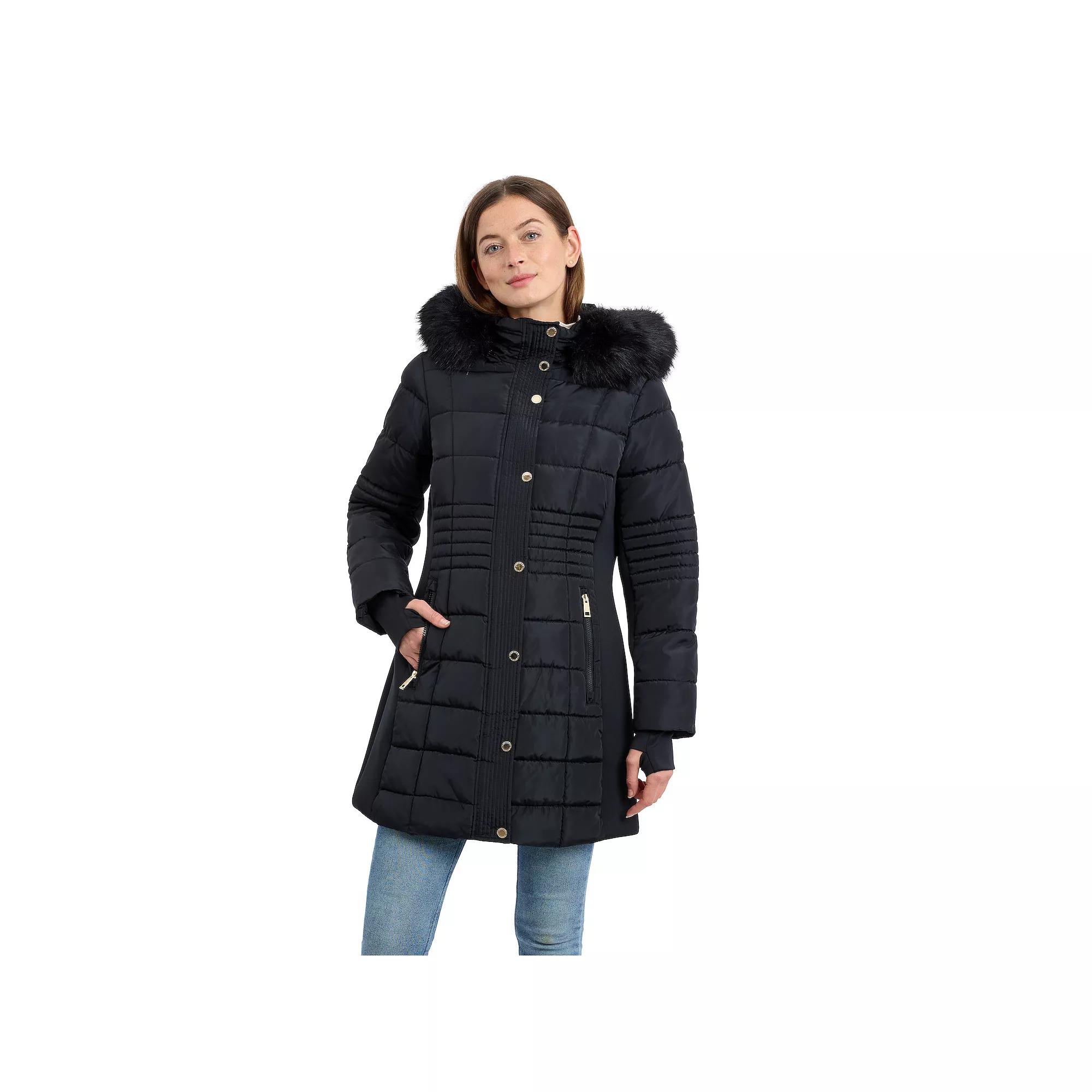Women's London Fog Hooded Long Puffer Coat with Faux Fur Trim,  Product Image