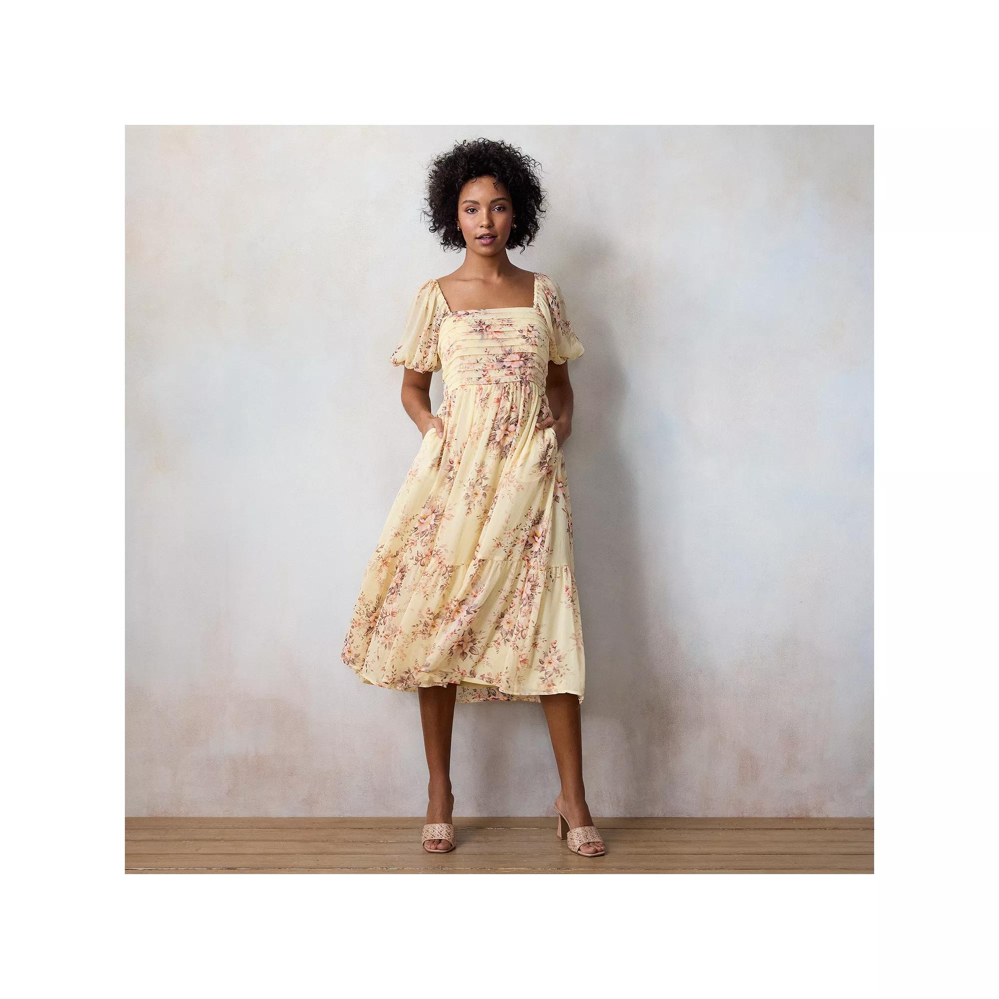 Women's LC Lauren Conrad Square Neck Pleated Bodice Midi Dress, Size: Small, Warm Genevieve Garden Product Image