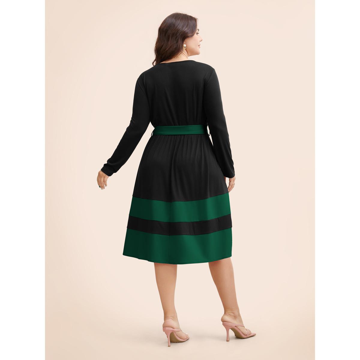 Plus Size Two Tone Belted Bowknot Square Neck Dress DarkGreen Women Elegant Non Square Neck Long Sleeve Curvy Knee Dress BloomChic 18-20/2X Product Image