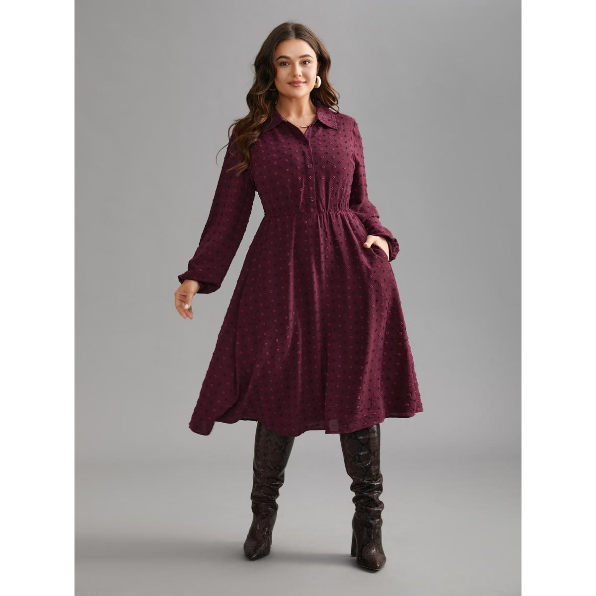 Plus Size Textured Shirt Collar Button Front Midi Dress Burgundy Women Elegant Texture Shirt collar Long Sleeve Curvy BloomChic 14-16/1X Product Image