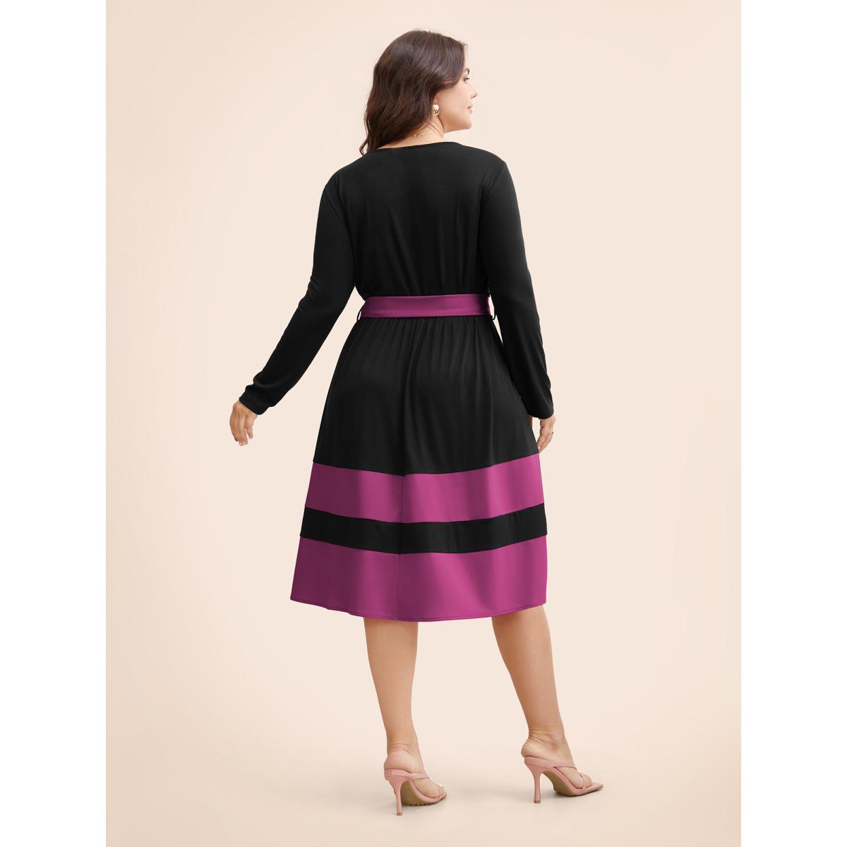 Plus Size Two Tone Belted Bowknot Square Neck Dress RedViolet Women Elegant Non Square Neck Long Sleeve Curvy Knee Dress BloomChic 10/M Product Image