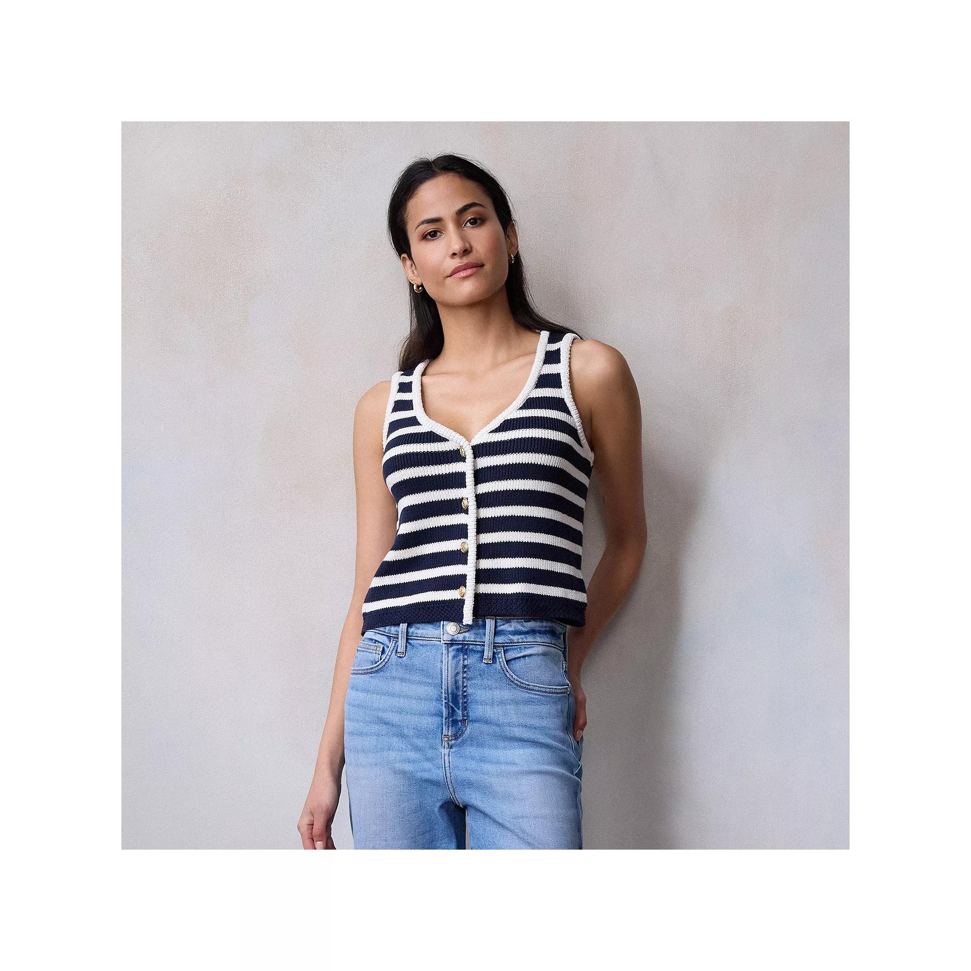 Women's LC Lauren Conrad V-Neck Cropped Sweater Vest, Size: Medium, Blue Basque Stripe Product Image