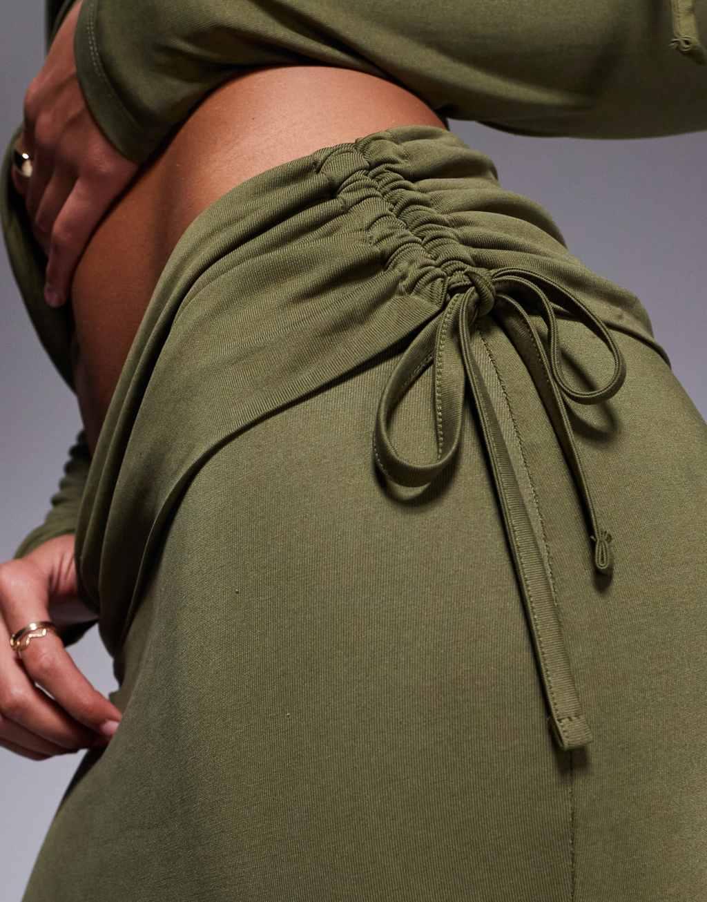 ASOS DESIGN premium modal fold over waist fishtail maxi skirt with side ruching in olive Product Image