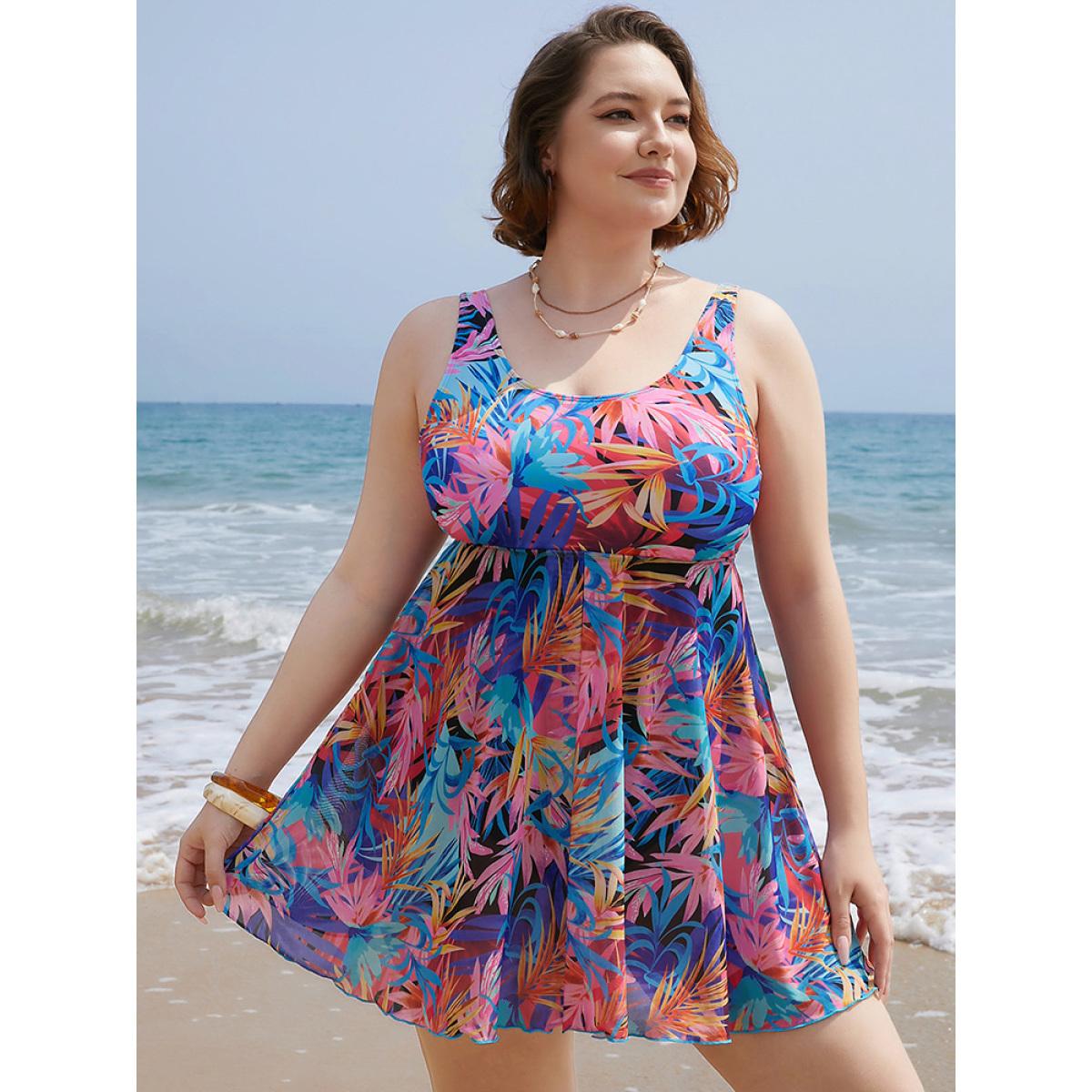 Plus Size Tropical Print Ruffles Split Front Swim Dress Women's Swimwear Multicolor Vacation Bodycon Round Neck High stretch Curve Swim Dresses BloomChic 22-24/3X Product Image
